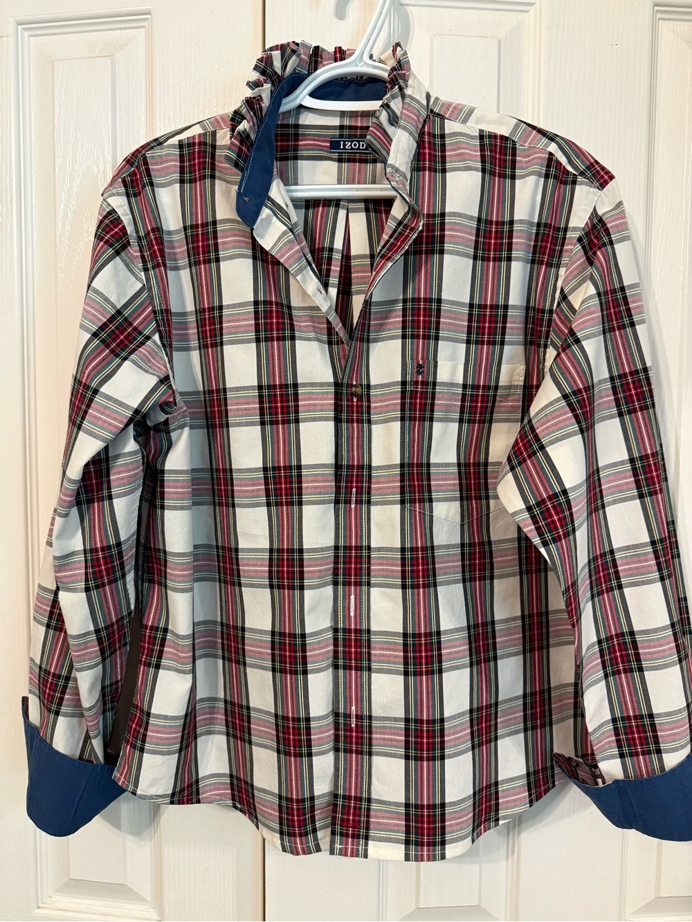 Izod Woman’s White and Red Plaid Ruffle Collar Shirt with Navy Trim